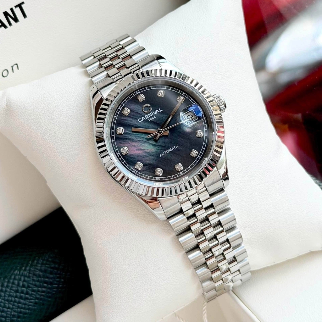 Đồng Hồ Nam Carnival 8250G-VT-DK Automatic Dây Thép Bạc Mặt Xà Cừ Xám Đen Size 38mm