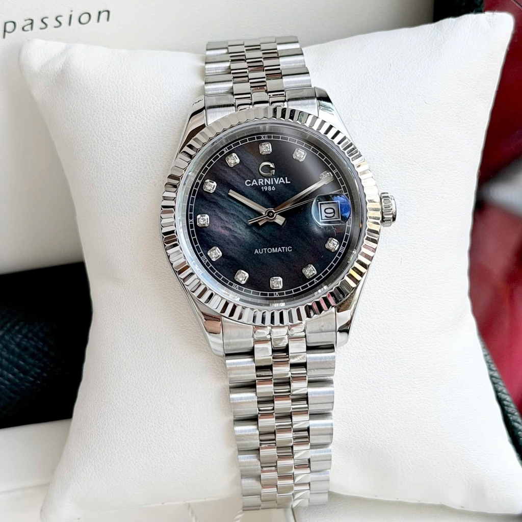 Đồng Hồ Nam Carnival 8250G-VT-DK Automatic Dây Thép Bạc Mặt Xà Cừ Xám Đen Size 38mm
