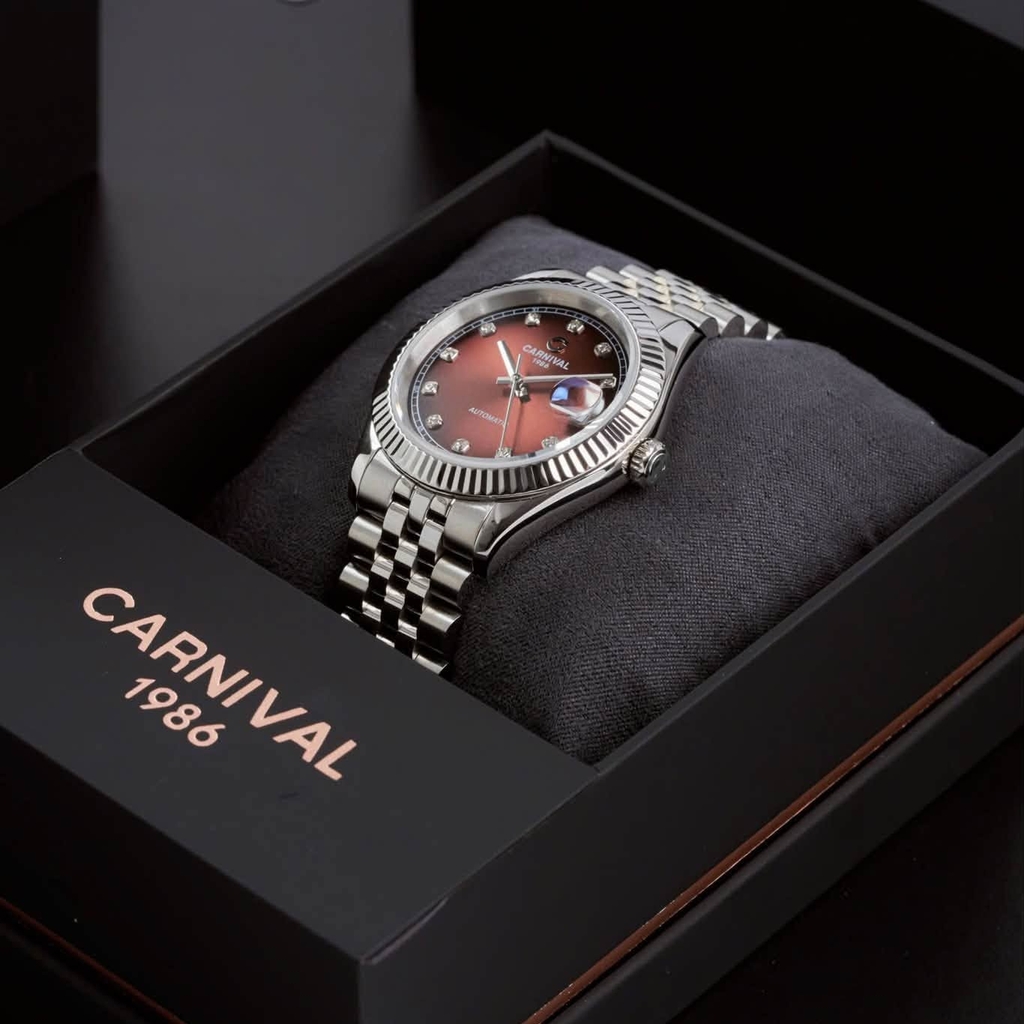 Đồng Hồ Nam Carnival 8250G-VT-N Automatic Dây Thép Bạc Mặt Nâu Socola Size 38mm