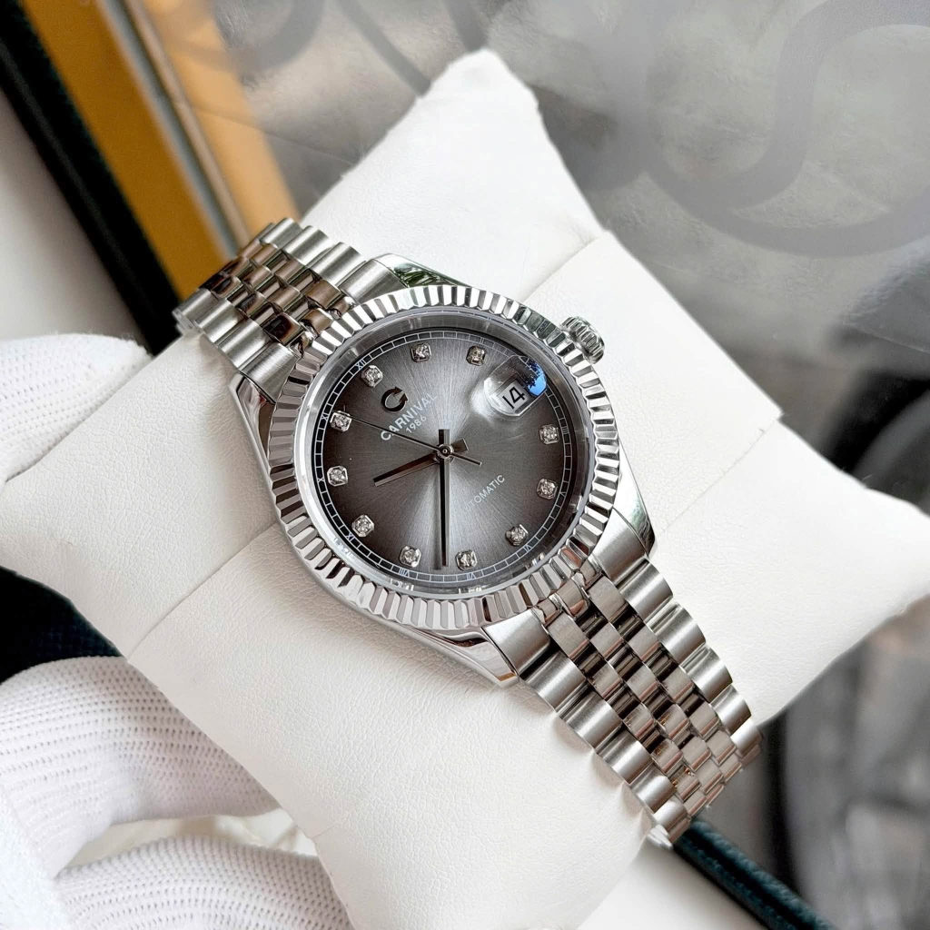 Đồng Hồ Nam Carnival 8250G-VT-TX Automatic Dây Thép Bạc Mặt Xám Đen Size 38mm