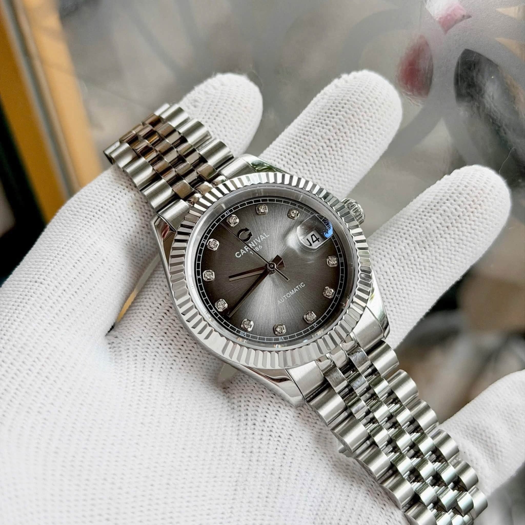 Đồng Hồ Nam Carnival 8250G-VT-TX Automatic Dây Thép Bạc Mặt Xám Đen Size 38mm