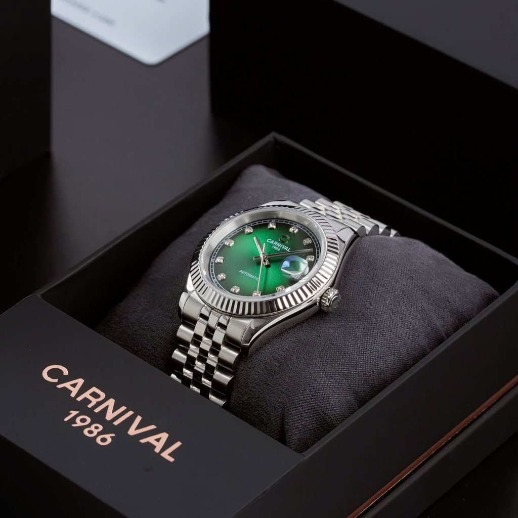 Đồng Hồ Nam Carnival 8250G-VT-XL Automatic Dây Thép Bạc Mặt Xanh Lá Size 38mm