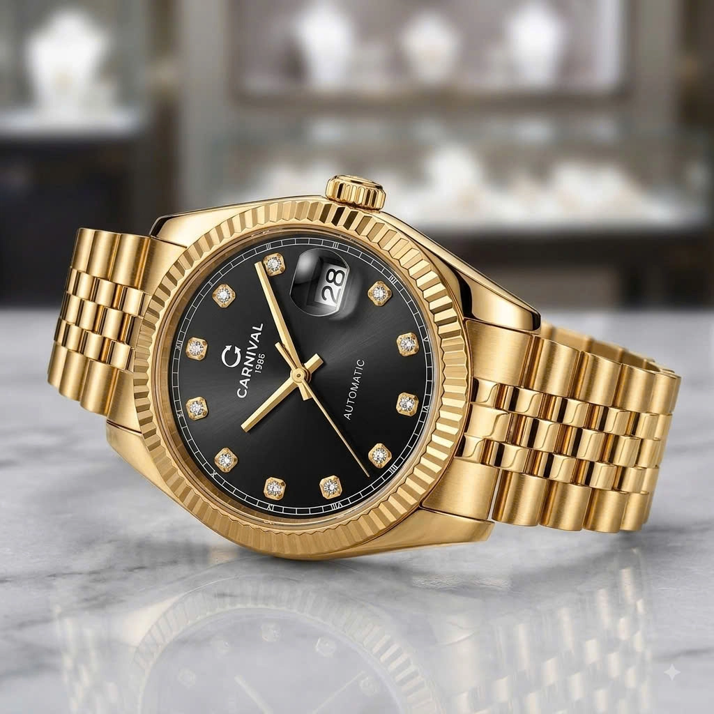 Đồng Hồ Nam Carnival 8250G-VV-D Automatic Dây Thép Vàng Mặt Đen Size 38mm
