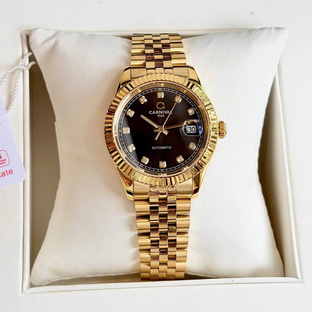 Đồng Hồ Nam Carnival 8250G-VV-D Automatic Dây Thép Vàng Mặt Đen Size 38mm