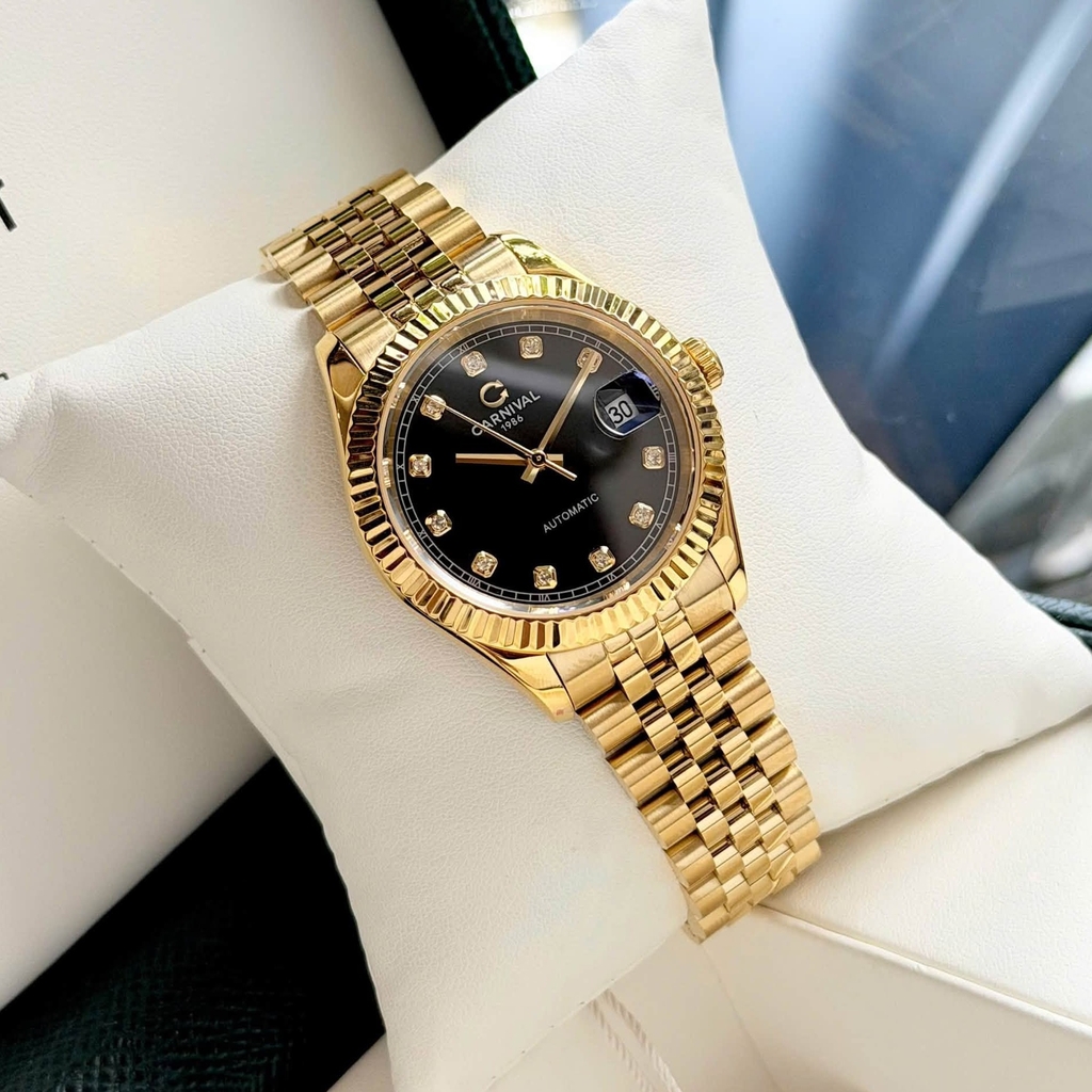 Đồng Hồ Nam Carnival 8250G-VV-D Automatic Dây Thép Vàng Mặt Đen Size 38mm