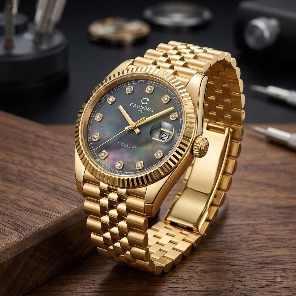 Đồng Hồ Nam Carnival 8250G-VV-DK Automatic Dây Thép Vàng Mặt Xà Cừ Xám Đen Size 38mm