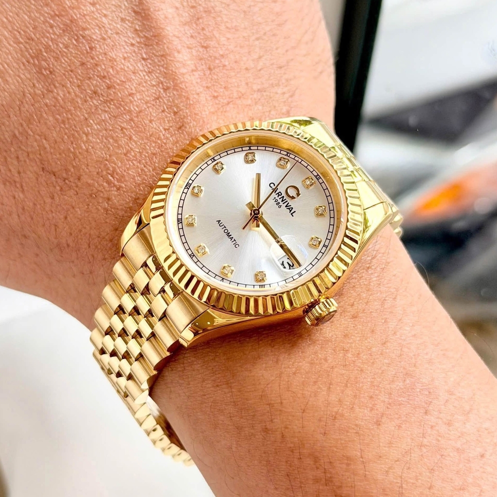Đồng Hồ Nam Carnival 8250G-VV-T Automatic Dây Thép Vàng Mặt Trắng Size 38mm