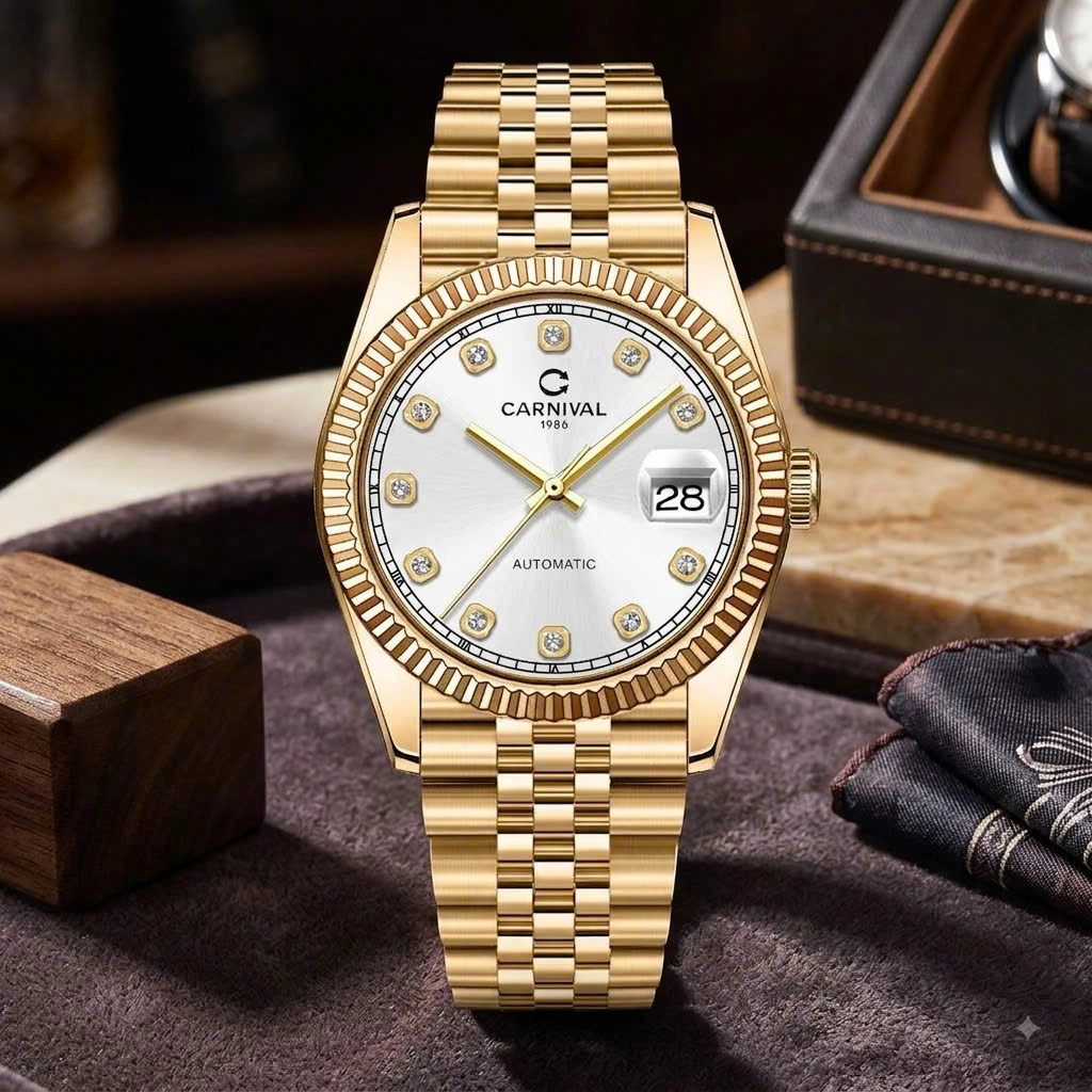 Đồng Hồ Nam Carnival 8250G-VV-T Automatic Dây Thép Vàng Mặt Trắng Size 38mm