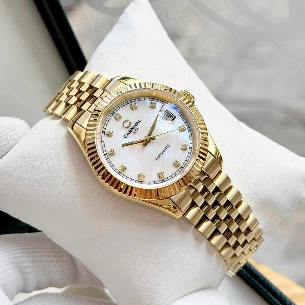 Đồng Hồ Nam Carnival 8250G-VV-TK Automatic Dây Thép Vàng Mặt Xà Cừ Trắng Size 38mm