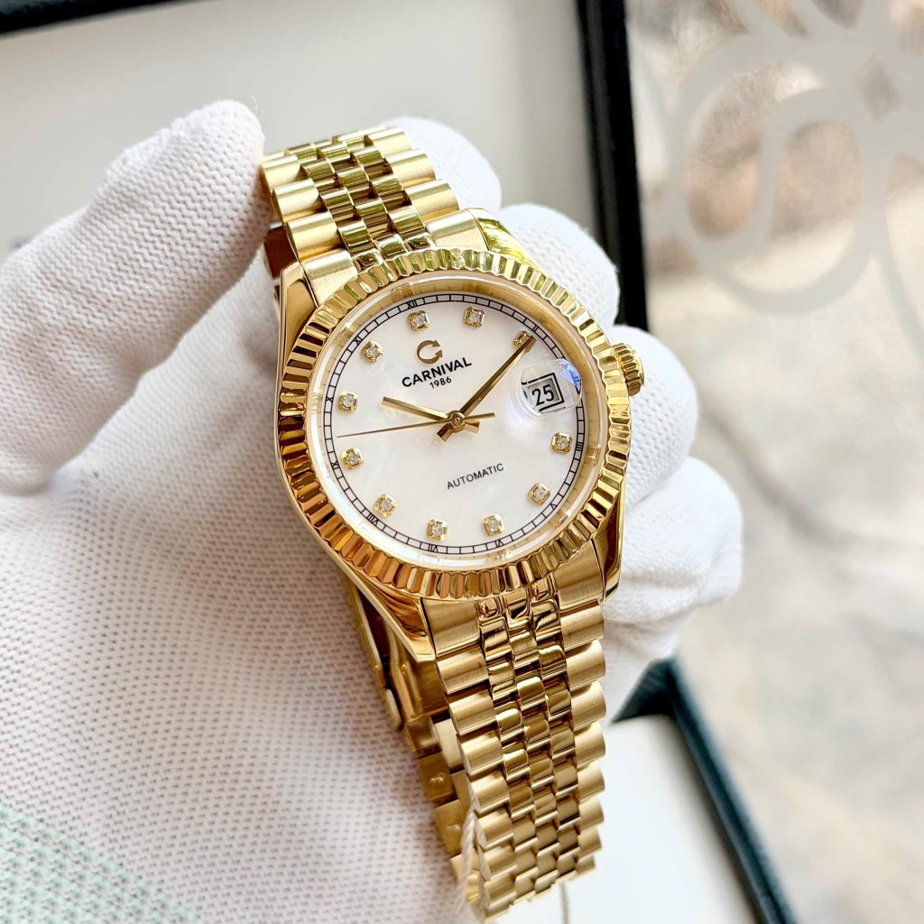 Đồng Hồ Nam Carnival 8250G-VV-TK Automatic Dây Thép Vàng Mặt Xà Cừ Trắng Size 38mm