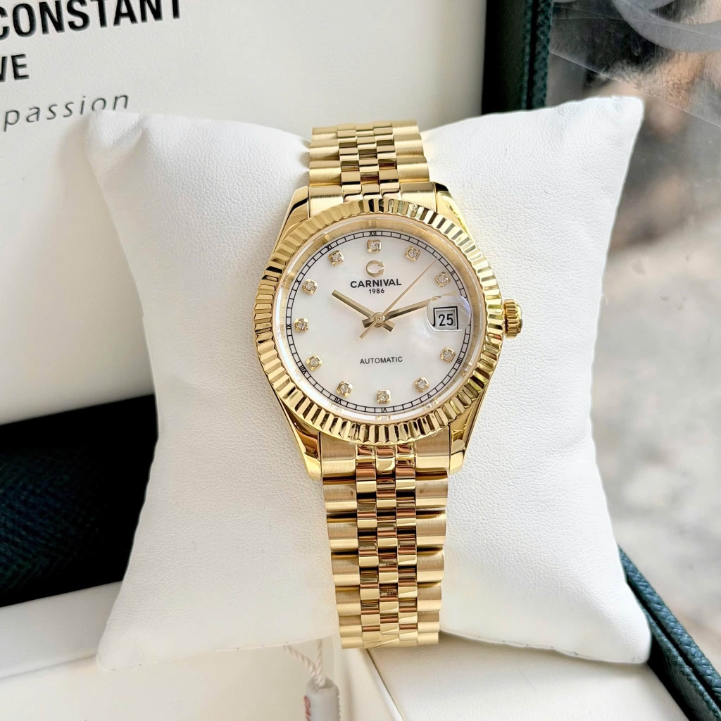 Đồng Hồ Nam Carnival 8250G-VV-TK Automatic Dây Thép Vàng Mặt Xà Cừ Trắng Size 38mm