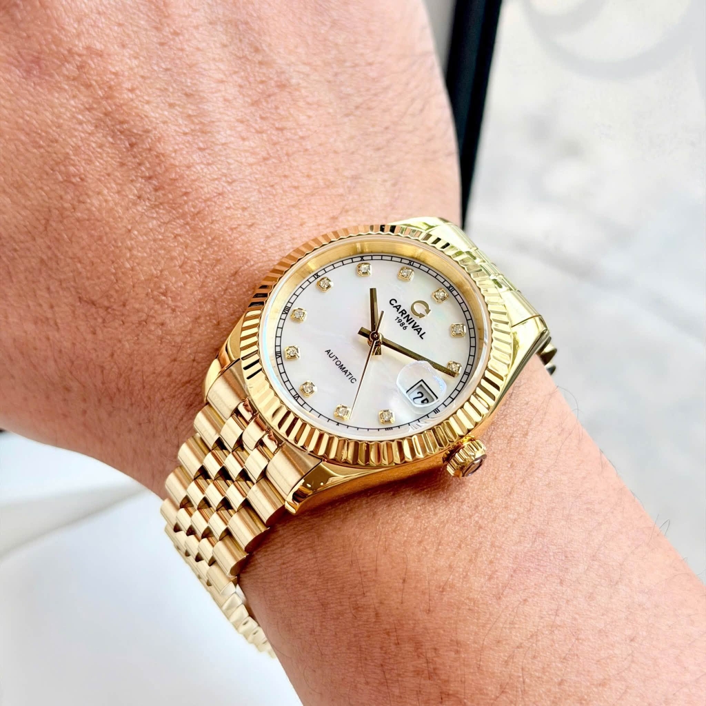Đồng Hồ Nam Carnival 8250G-VV-TK Automatic Dây Thép Vàng Mặt Xà Cừ Trắng Size 38mm