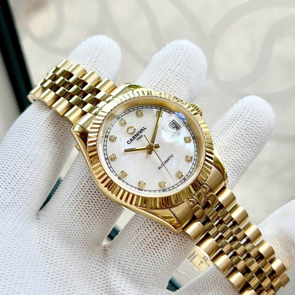 Đồng Hồ Nam Carnival 8250G-VV-TK Automatic Dây Thép Vàng Mặt Xà Cừ Trắng Size 38mm