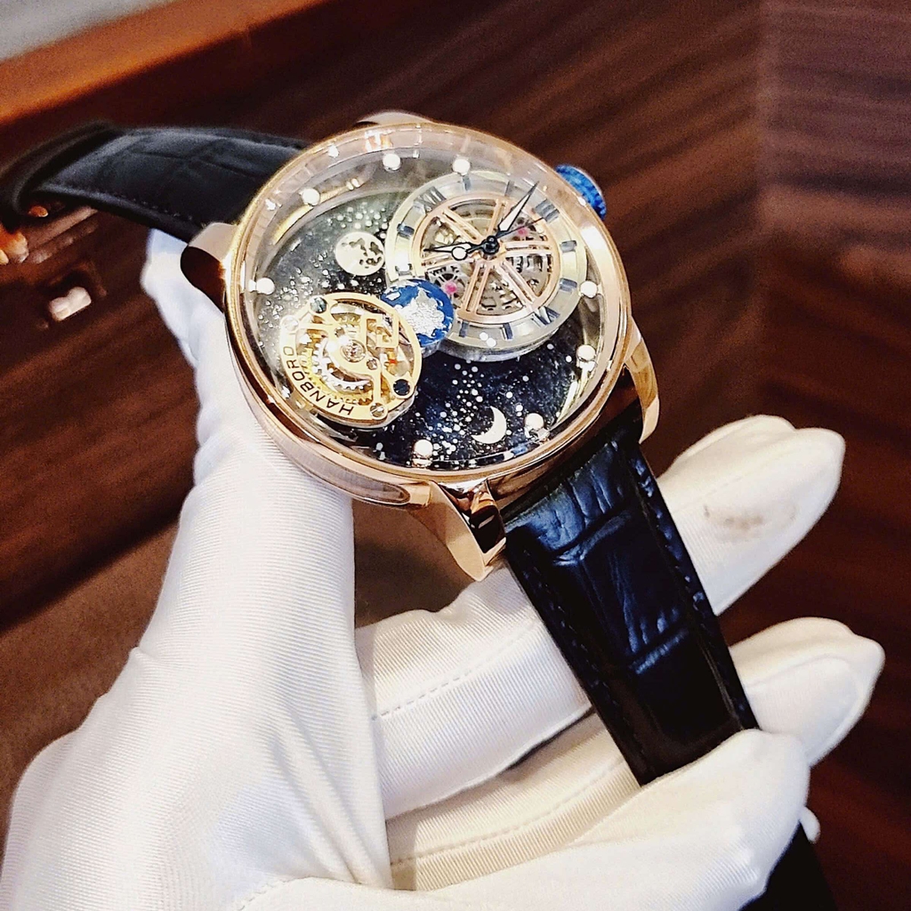 Đồng Hồ Nam Hanboro Automatic Dây Da Đen Vỏ Rose Size 43mm Hanboro Sky 1008 Automatic