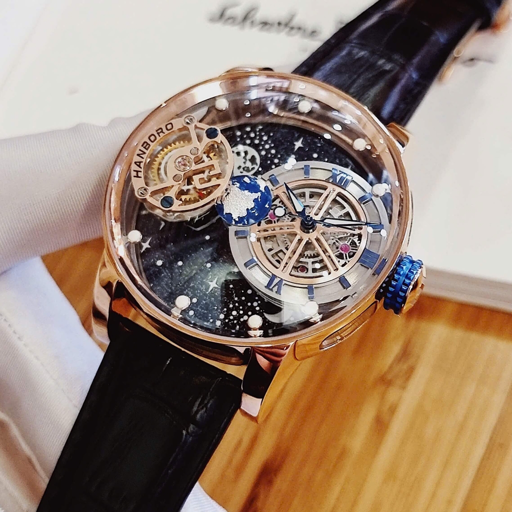 Đồng Hồ Nam Hanboro Automatic Dây Da Đen Vỏ Rose Size 43mm Hanboro Sky 1008 Automatic