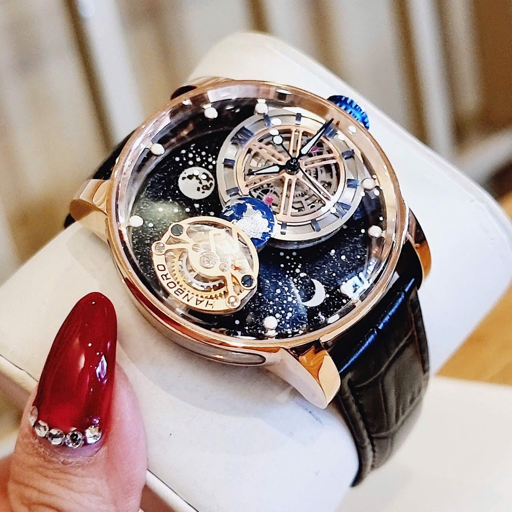 Đồng Hồ Nam Hanboro Automatic Dây Da Đen Vỏ Rose Size 43mm Hanboro Sky 1008 Automatic