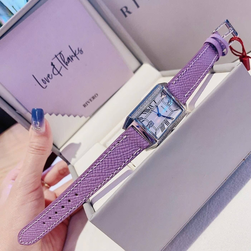 Đồng Hồ Nữ Amica A042 Dây Da Tím Mặt Chữ Nhật Size 28x22mm Chính Hãng