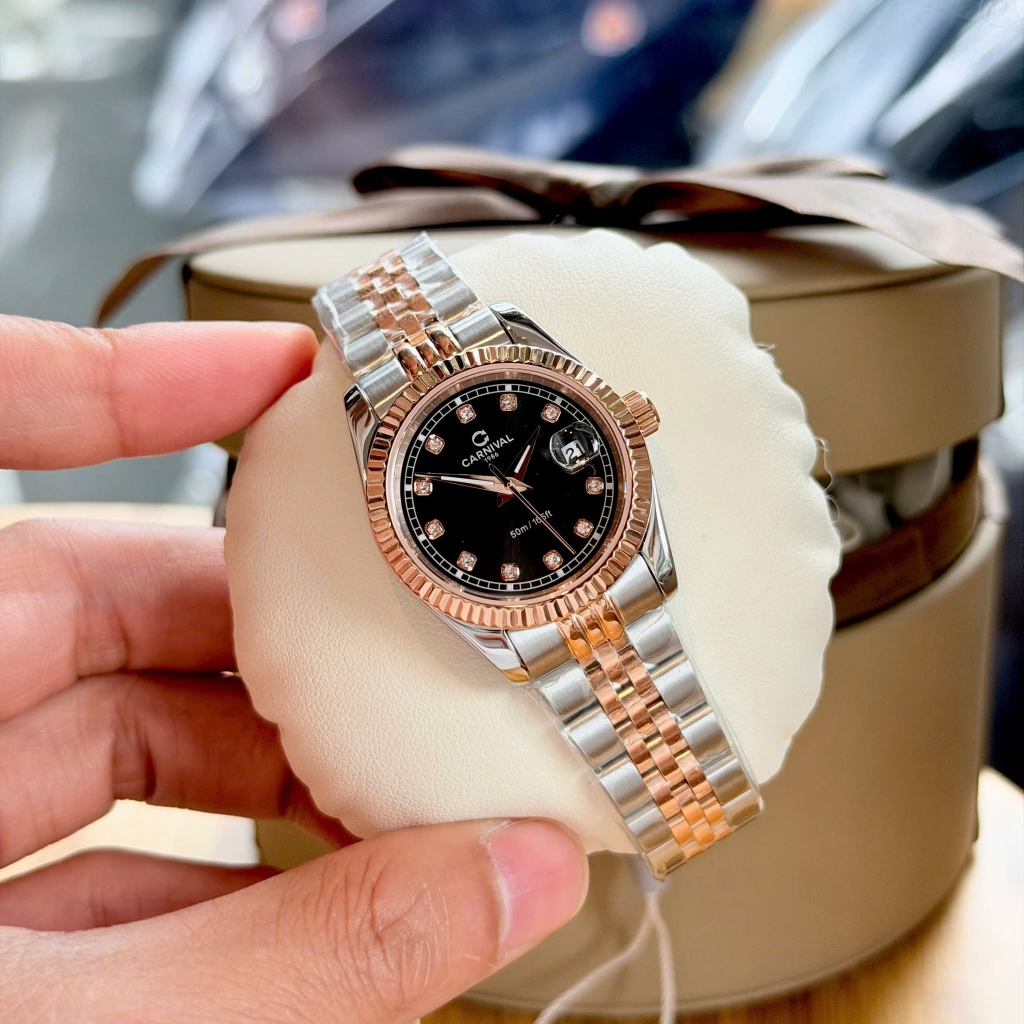 Đồng Hồ Nữ Carnival 8131L-CH-D Demi Vàng Hồng Mặt Đen Size 30mm Quartz Japan