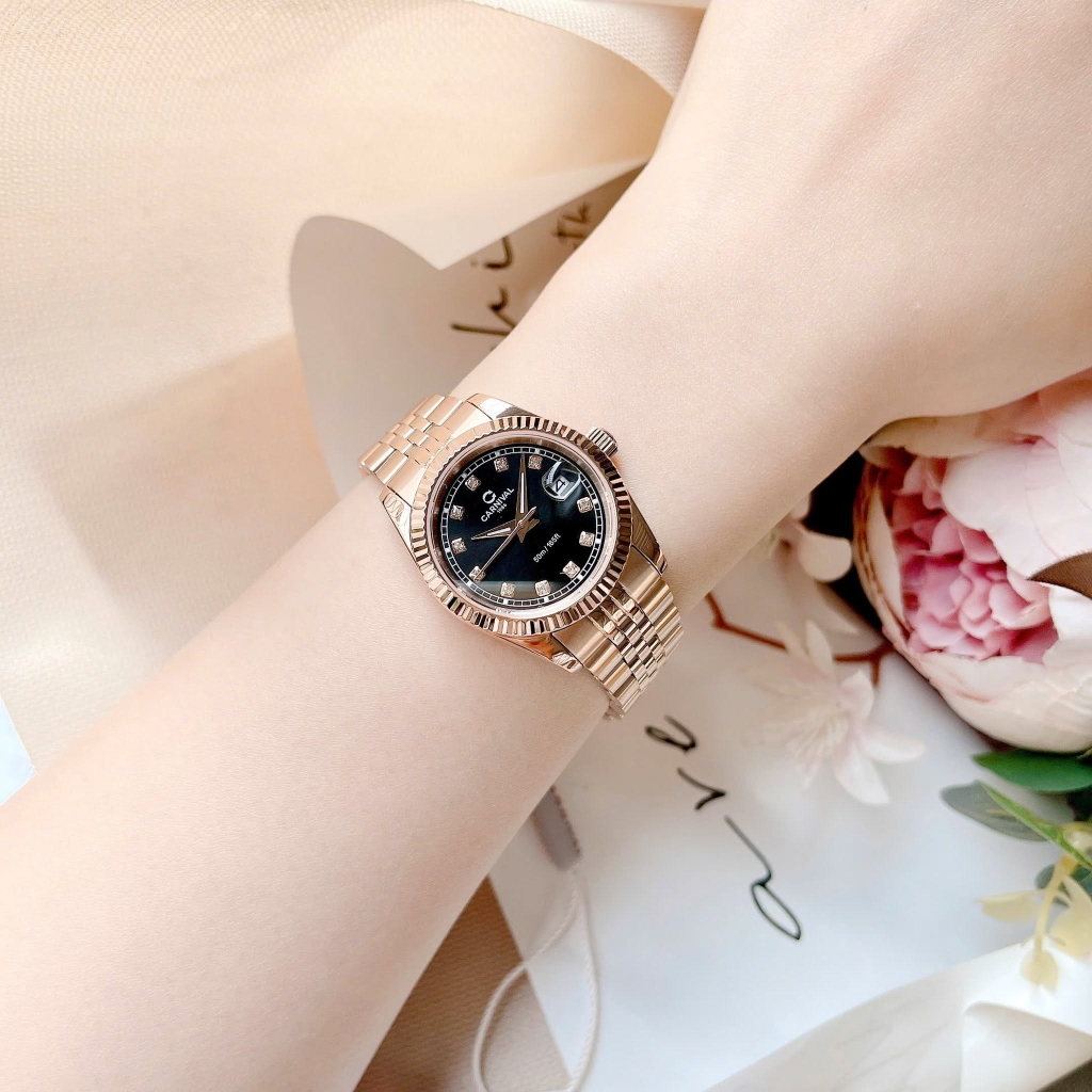 Đồng Hồ Nữ Carnival 8131L-VH-D Dây Thép Vàng Hồng Mặt Đen Size 30mm Quartz Japan