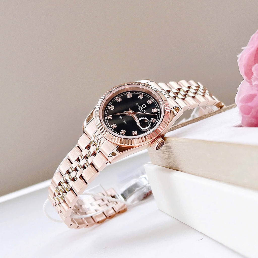 Đồng Hồ Nữ Carnival 8131L-VH-D Dây Thép Vàng Hồng Mặt Đen Size 30mm Quartz Japan