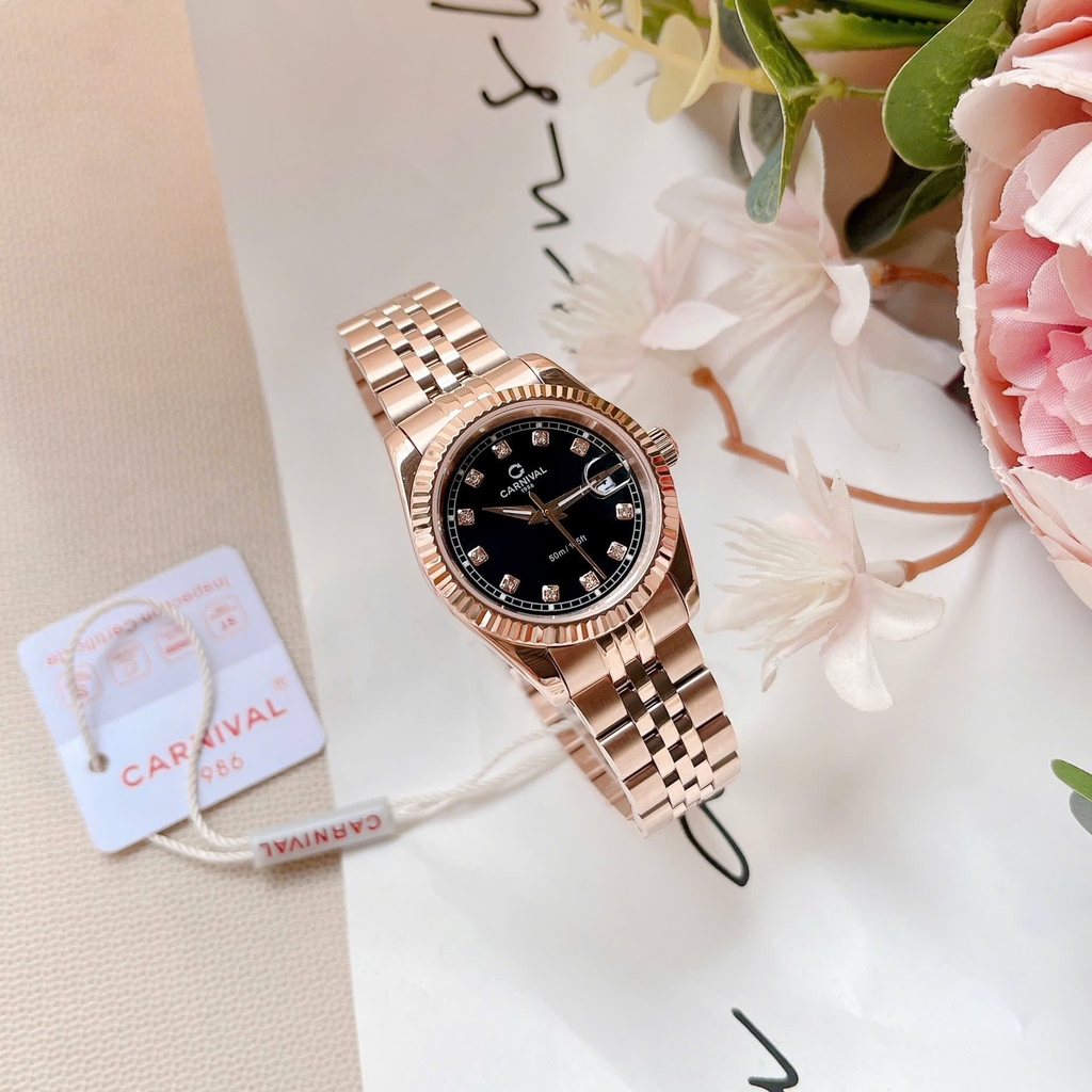 Đồng Hồ Nữ Carnival 8131L-VH-D Dây Thép Vàng Hồng Mặt Đen Size 30mm Quartz Japan