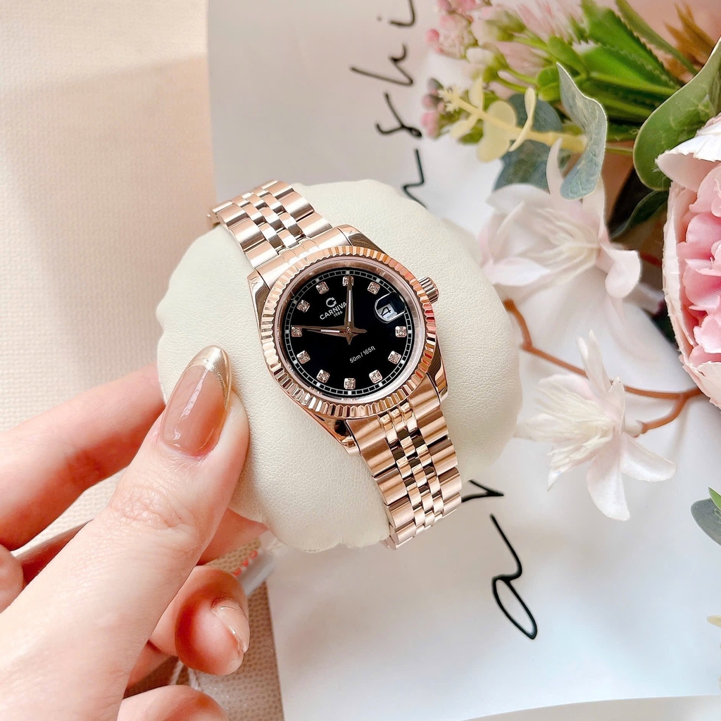 Đồng Hồ Nữ Carnival 8131L-VH-D Dây Thép Vàng Hồng Mặt Đen Size 30mm Quartz Japan