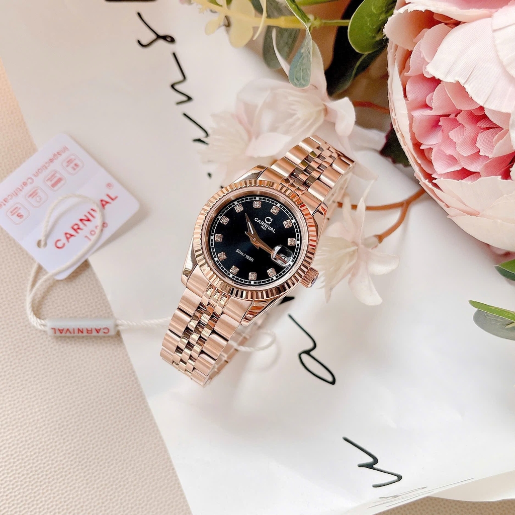 Đồng Hồ Nữ Carnival 8131L-VH-D Dây Thép Vàng Hồng Mặt Đen Size 30mm Quartz Japan