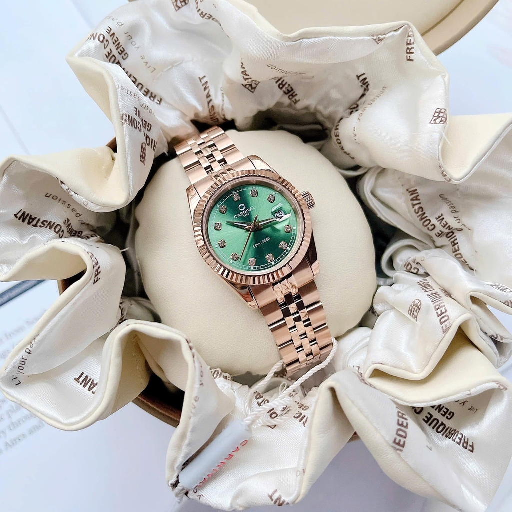 Đồng Hồ Nữ Carnival 8131L-VH-XL Dây Thép Vàng Hồng Mặt Xanh Lá Size 30mm Quartz Japan