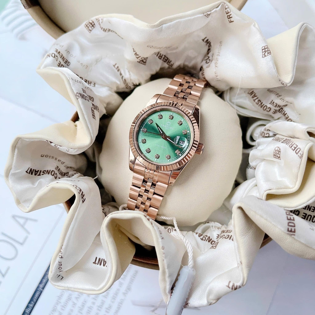 Đồng Hồ Nữ Carnival 8131L-VH-XL Dây Thép Vàng Hồng Mặt Xanh Lá Size 30mm Quartz Japan