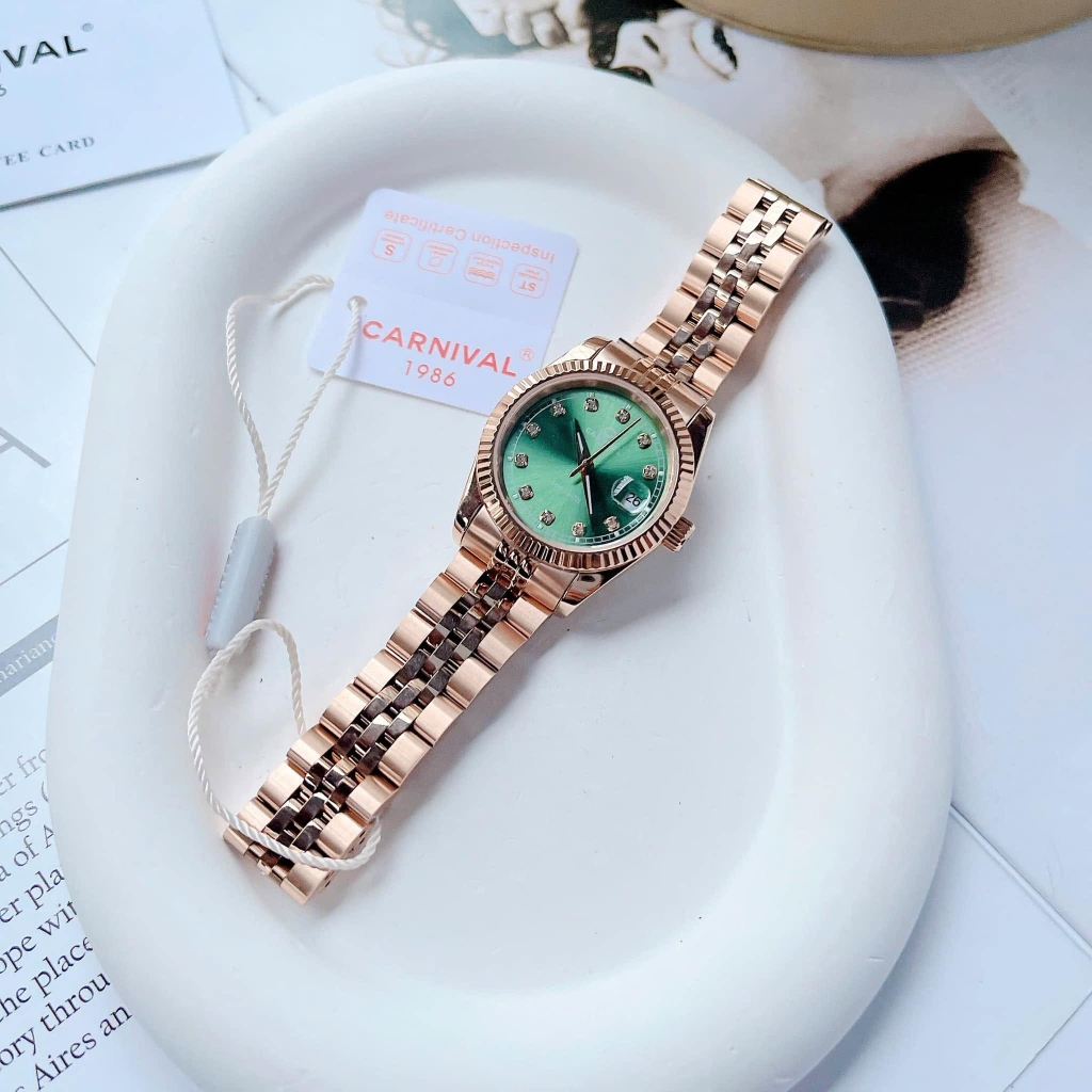 Đồng Hồ Nữ Carnival 8131L-VH-XL Dây Thép Vàng Hồng Mặt Xanh Lá Size 30mm Quartz Japan