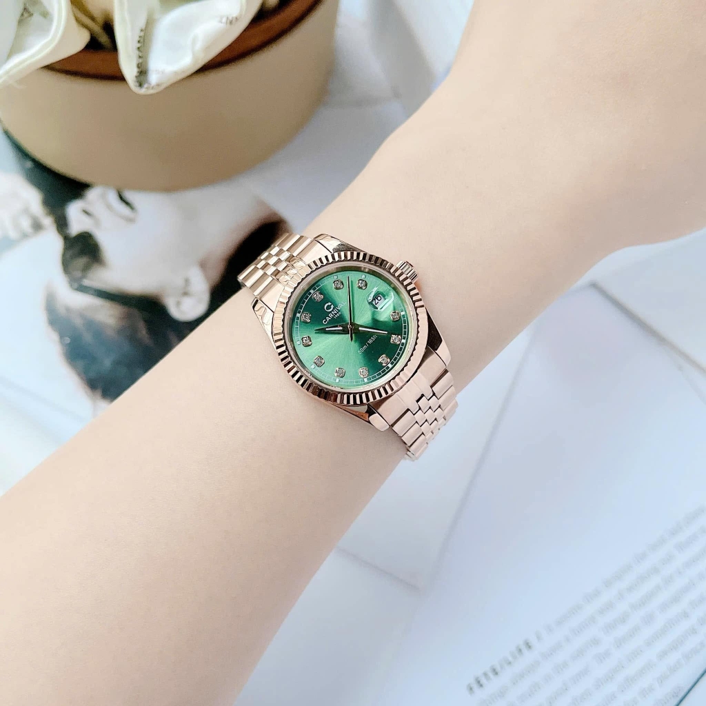Đồng Hồ Nữ Carnival 8131L-VH-XL Dây Thép Vàng Hồng Mặt Xanh Lá Size 30mm Quartz Japan