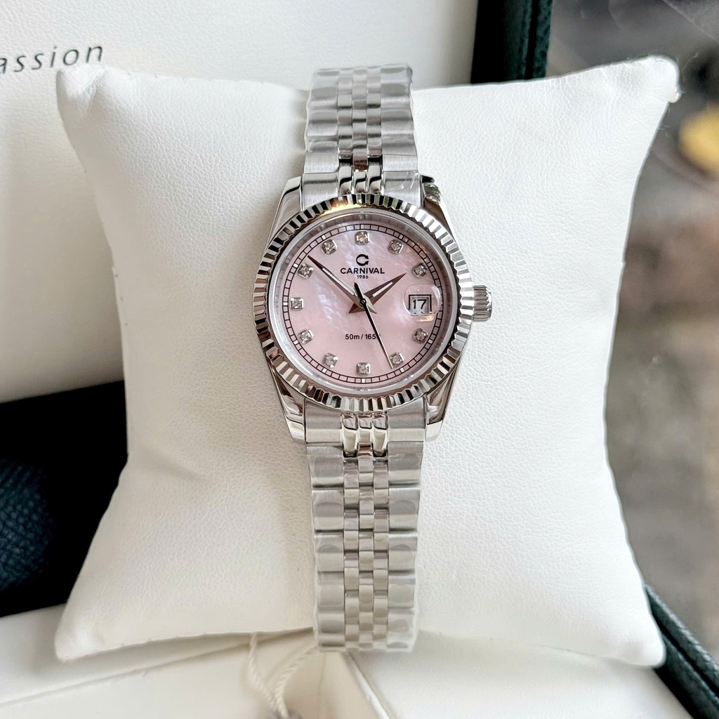 Đồng Hồ Nữ Carnival 8131L-VT-HK Dây Thép Bạc Mặt Xà Cừ Hồng Size 30mm Quartz Japan