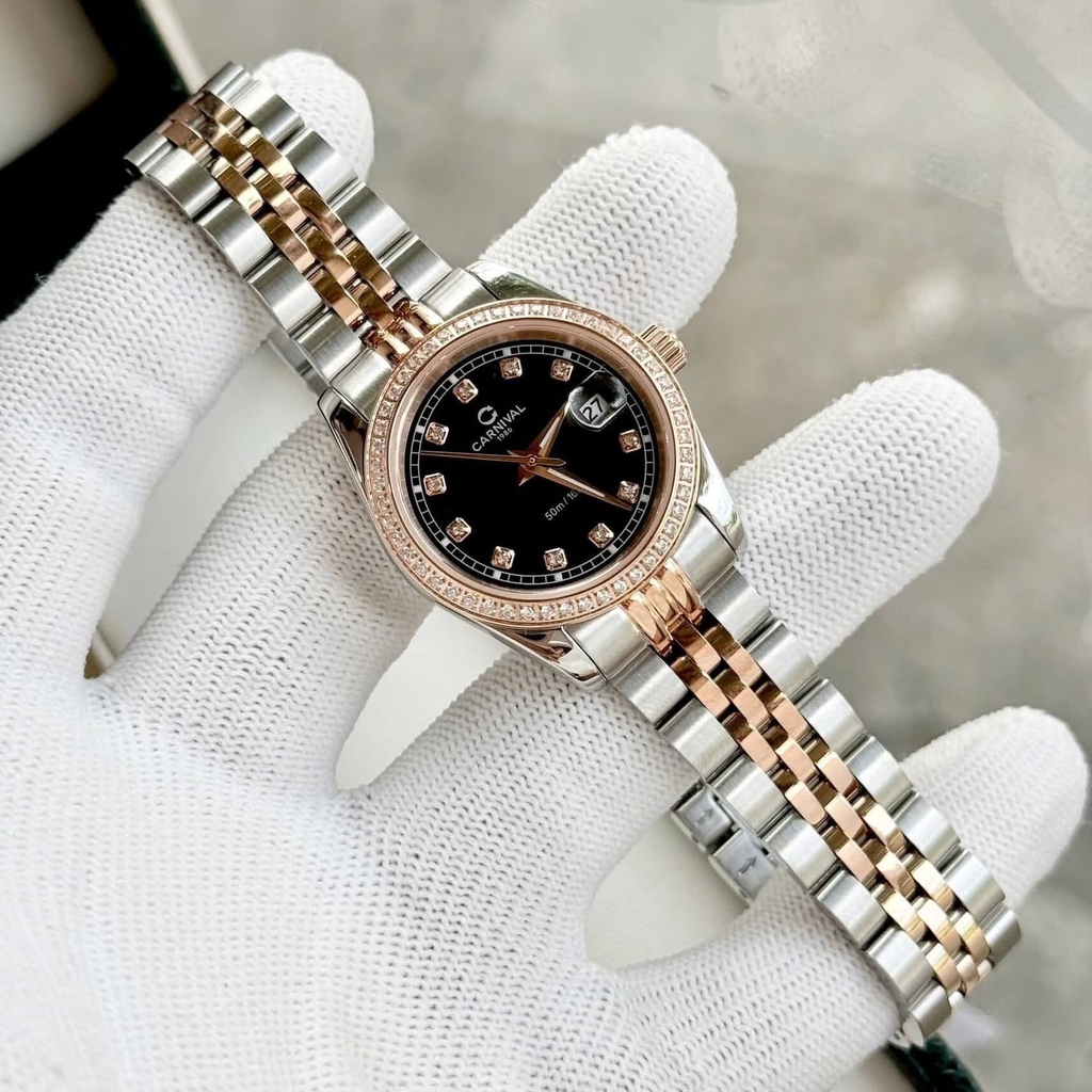 Đồng Hồ Nữ Carnival 8131L2-CH-D Dây Demi Vàng Hồng Mặt Đen Viền Đính Đá Size 31mm Quartz Japan