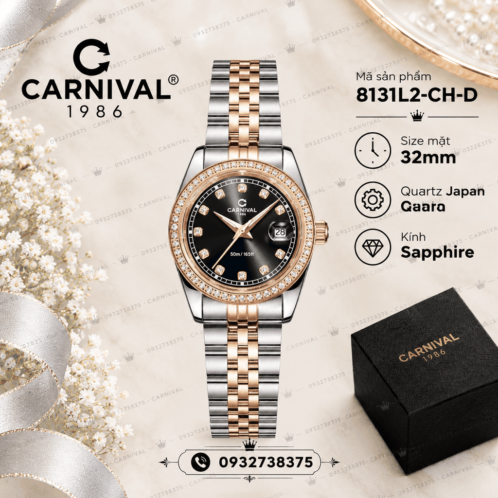 Đồng Hồ Nữ Carnival 8131L2-CH-D Dây Demi Vàng Hồng Mặt Đen Viền Đính Đá Size 31mm Quartz Japan