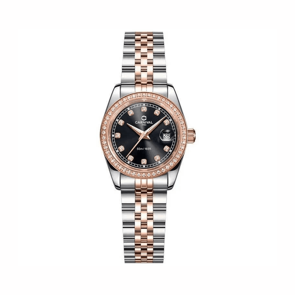 Đồng Hồ Nữ Carnival 8131L2-CH-D Dây Demi Vàng Hồng Mặt Đen Viền Đính Đá Size 31mm Quartz Japan