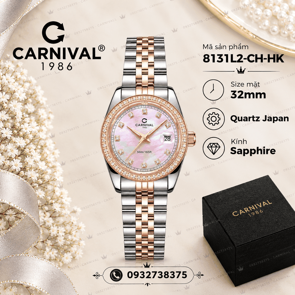 Đồng Hồ Nữ Carnival 8131L2-CH-HK Dây Demi Vàng Hồng Mặt Xà Cừ Hồng Viền Đính Đá Size 31mm Quartz Japan
