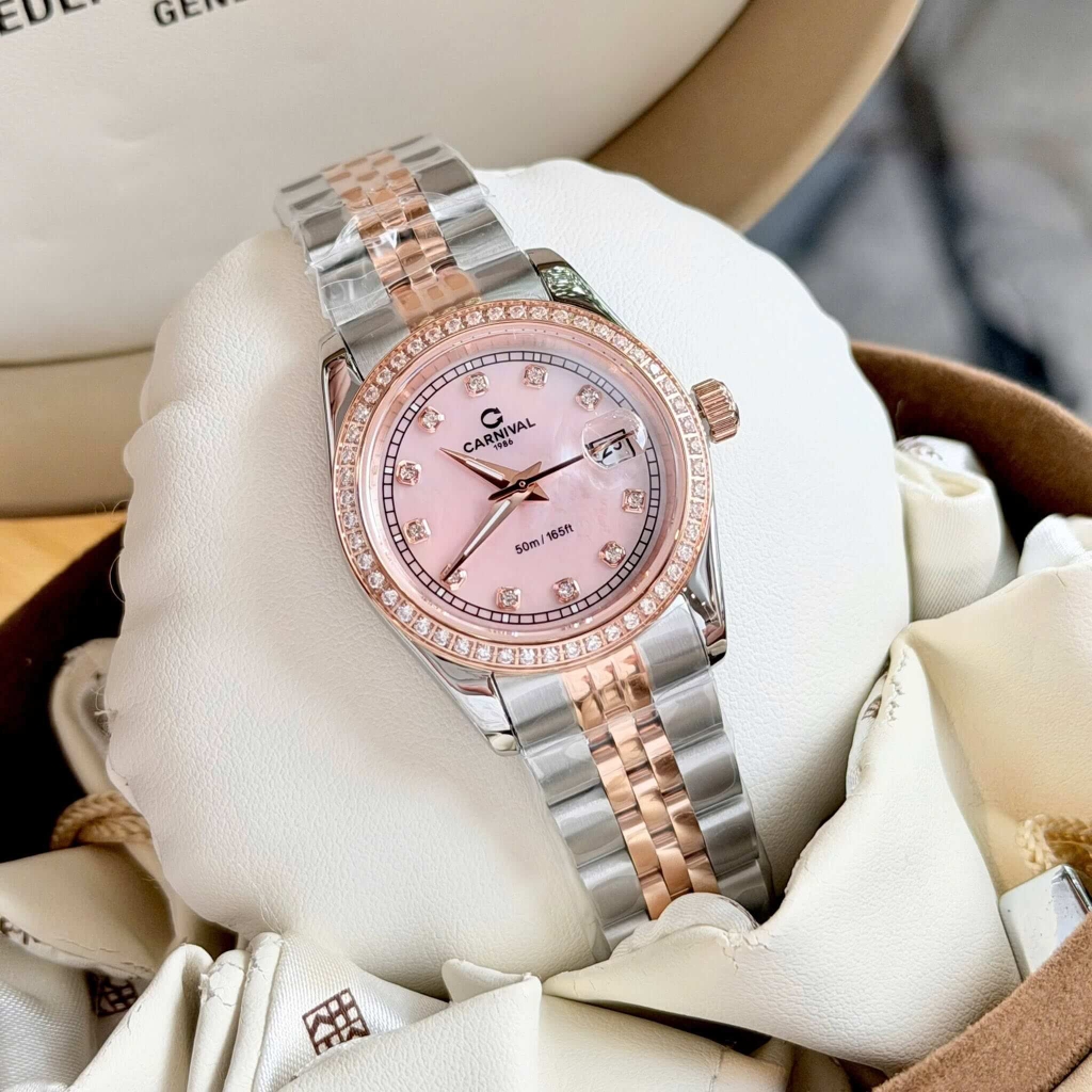 Đồng Hồ Nữ Carnival 8131L2-CH-HK Dây Demi Vàng Hồng Mặt Xà Cừ Hồng Viền Đính Đá Size 31mm Quartz Japan