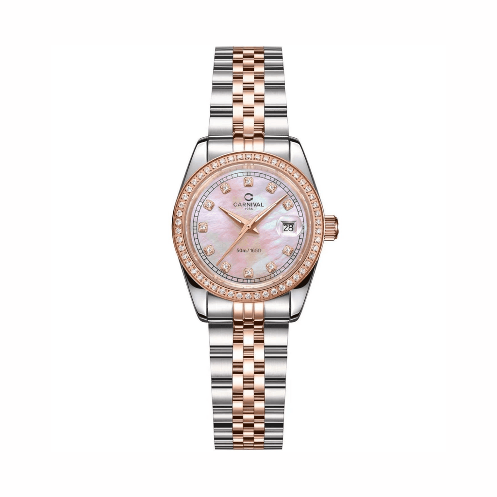 Đồng Hồ Nữ Carnival 8131L2-CH-HK Dây Demi Vàng Hồng Mặt Xà Cừ Hồng Viền Đính Đá Size 31mm Quartz Japan