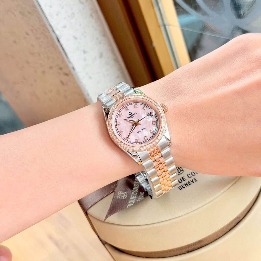 Đồng Hồ Nữ Carnival 8131L2-CH-HK Dây Demi Vàng Hồng Mặt Xà Cừ Hồng Viền Đính Đá Size 31mm Quartz Japan