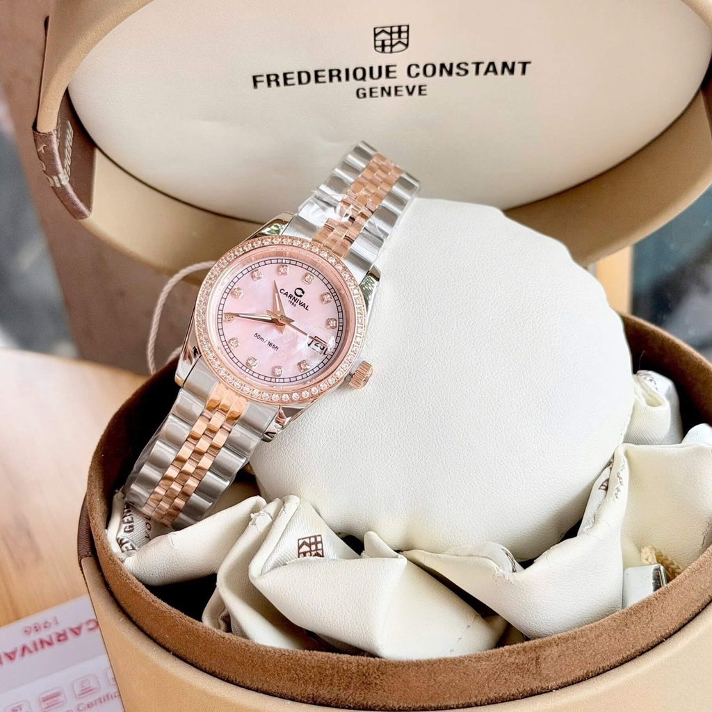 Đồng Hồ Nữ Carnival 8131L2-CH-HK Dây Demi Vàng Hồng Mặt Xà Cừ Hồng Viền Đính Đá Size 31mm Quartz Japan