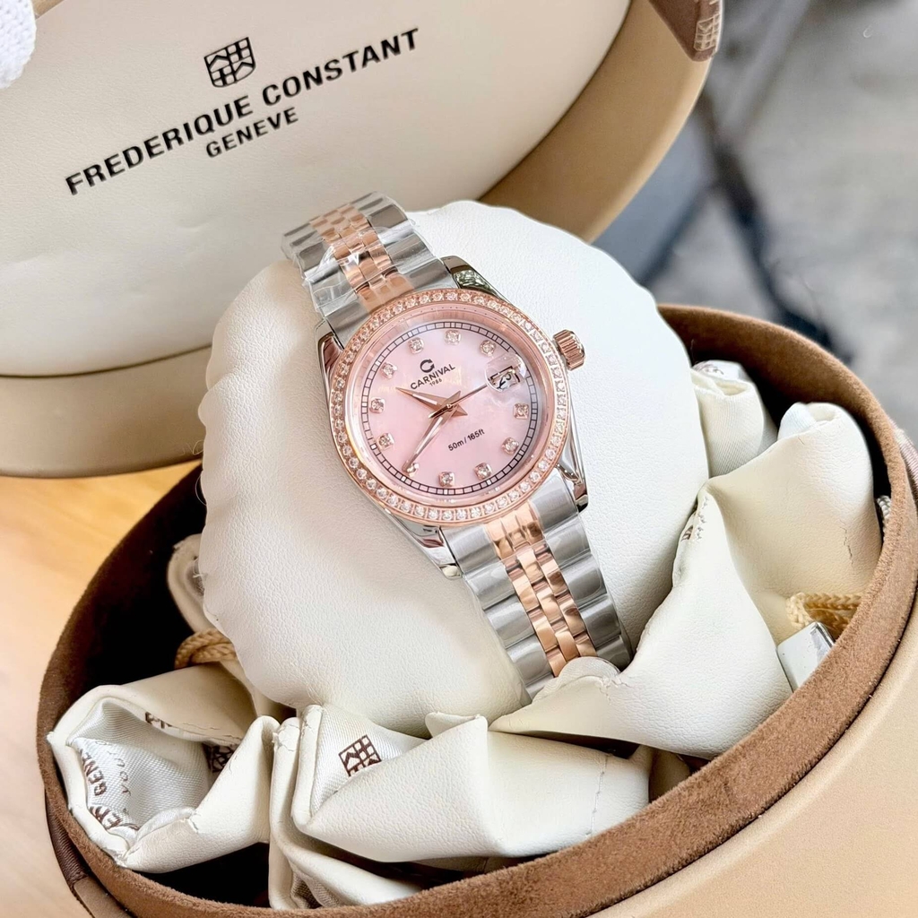 Đồng Hồ Nữ Carnival 8131L2-CH-HK Dây Demi Vàng Hồng Mặt Xà Cừ Hồng Viền Đính Đá Size 31mm Quartz Japan