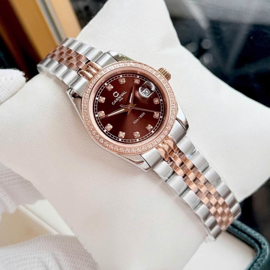Đồng Hồ Nữ Carnival 8131L2-CH-N Dây Demi Vàng Hồng Mặt Nâu Chocolate Viền Đính Đá Size 31mm Quartz Japan