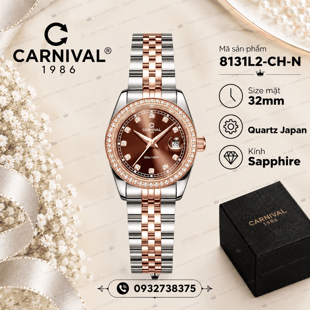 Đồng Hồ Nữ Carnival 8131L2-CH-N Dây Demi Vàng Hồng Mặt Nâu Chocolate Viền Đính Đá Size 31mm Quartz Japan