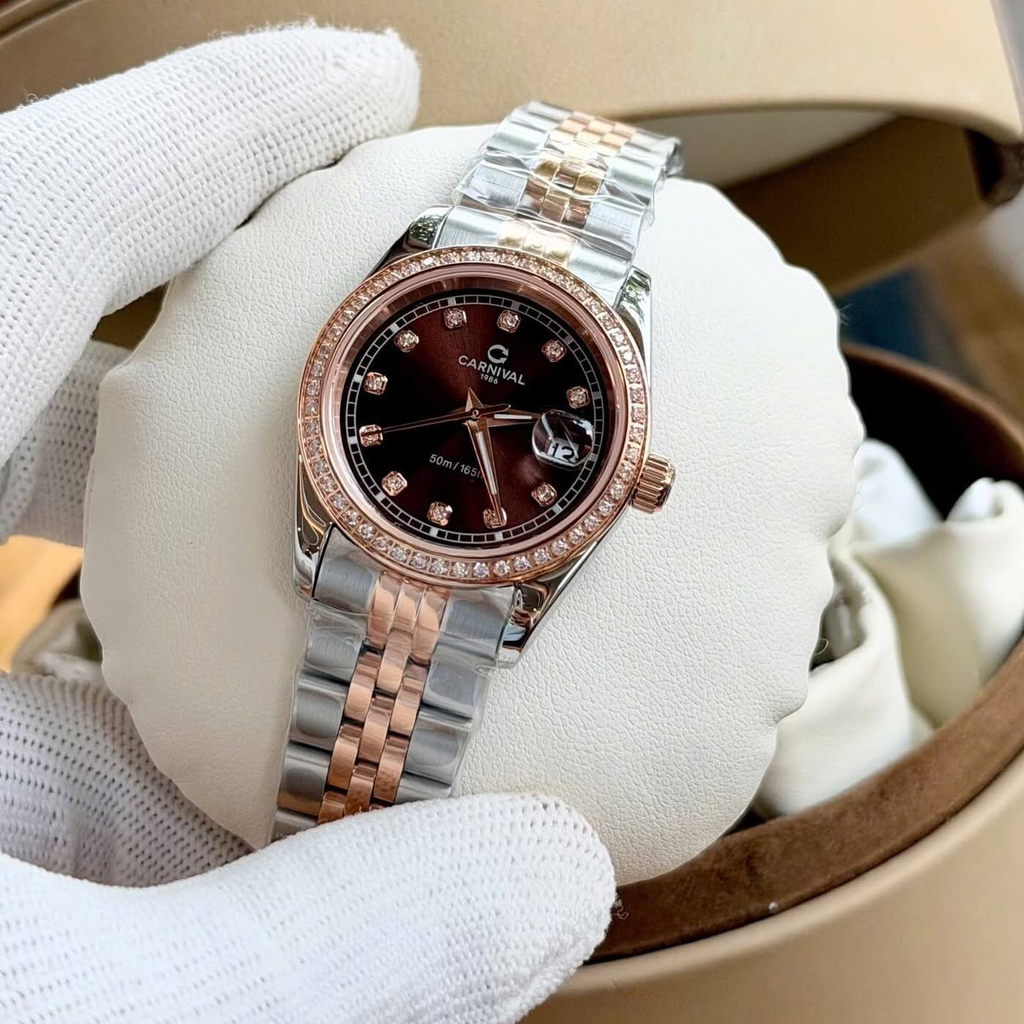 Đồng Hồ Nữ Carnival 8131L2-CH-N Dây Demi Vàng Hồng Mặt Nâu Chocolate Viền Đính Đá Size 31mm Quartz Japan