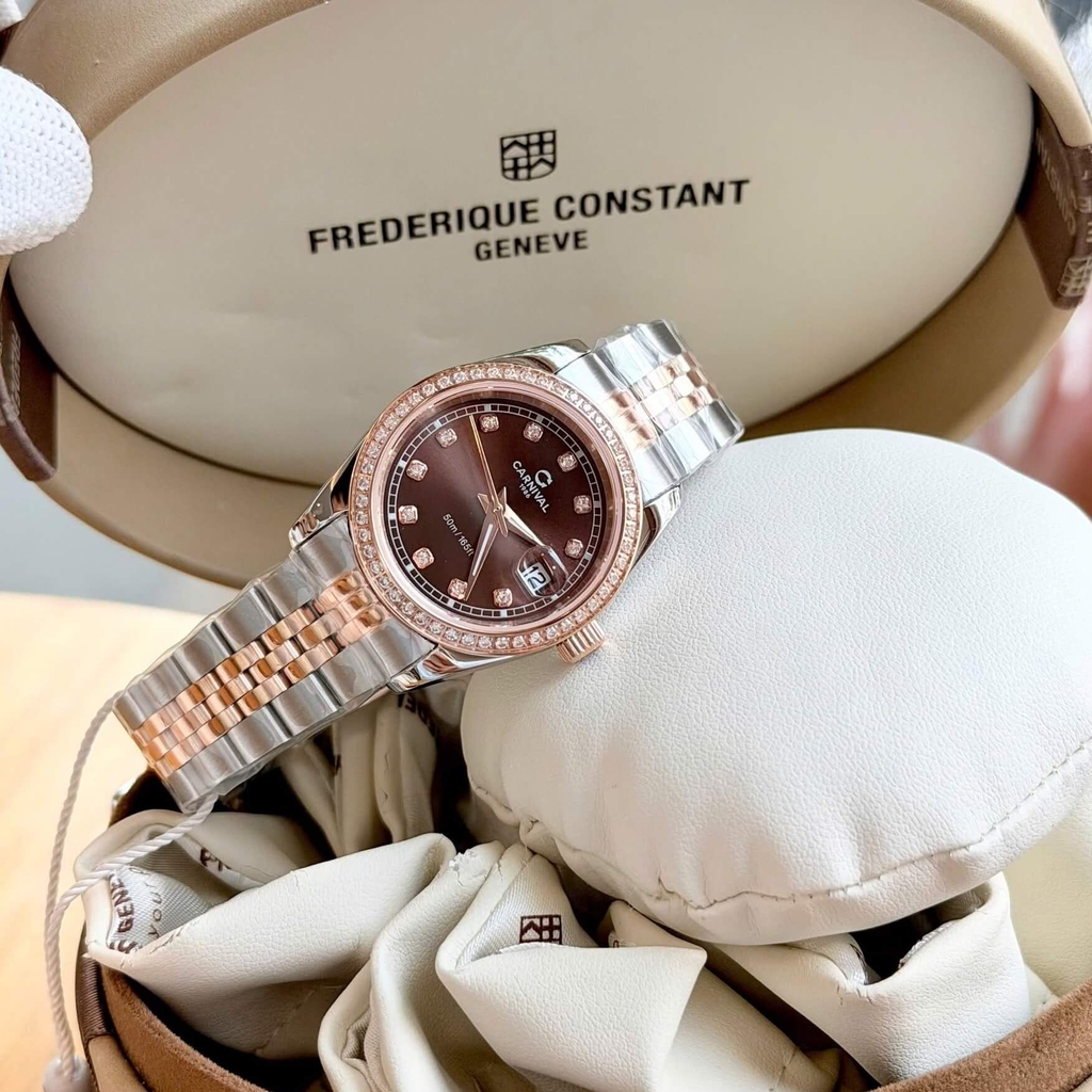 Đồng Hồ Nữ Carnival 8131L2-CH-N Dây Demi Vàng Hồng Mặt Nâu Chocolate Viền Đính Đá Size 31mm Quartz Japan