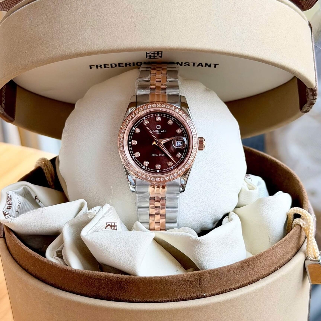 Đồng Hồ Nữ Carnival 8131L2-CH-N Dây Demi Vàng Hồng Mặt Nâu Chocolate Viền Đính Đá Size 31mm Quartz Japan