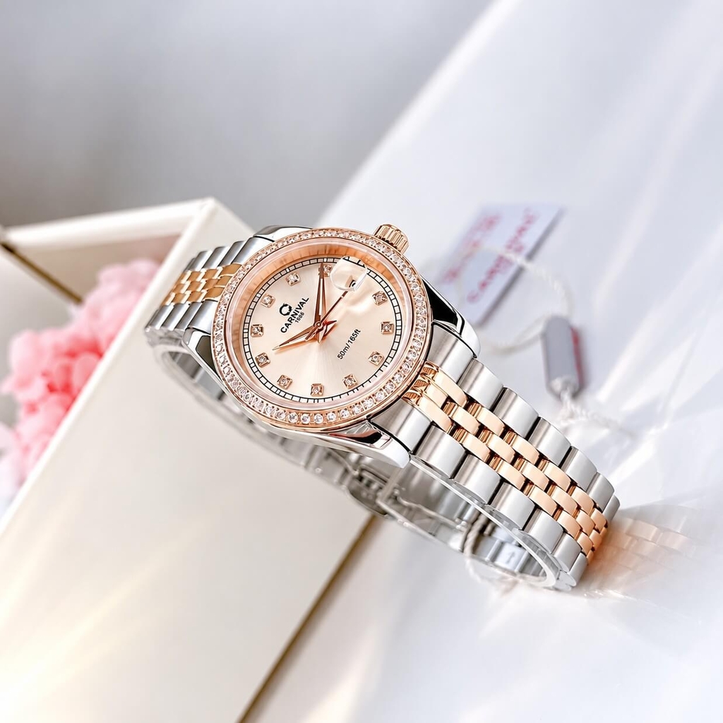 Đồng Hồ Nữ Carnival 8131L2-CH-NN Dây Demi Vàng Hồng Viền Đính Đá Size 31mm Quartz Japan