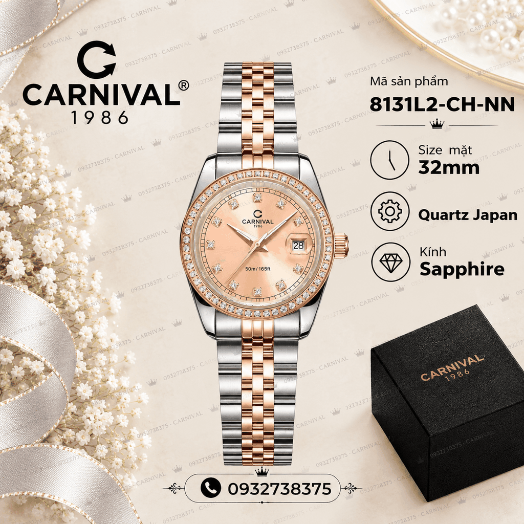 Đồng Hồ Nữ Carnival 8131L2-CH-NN Dây Demi Vàng Hồng Viền Đính Đá Size 31mm Quartz Japan