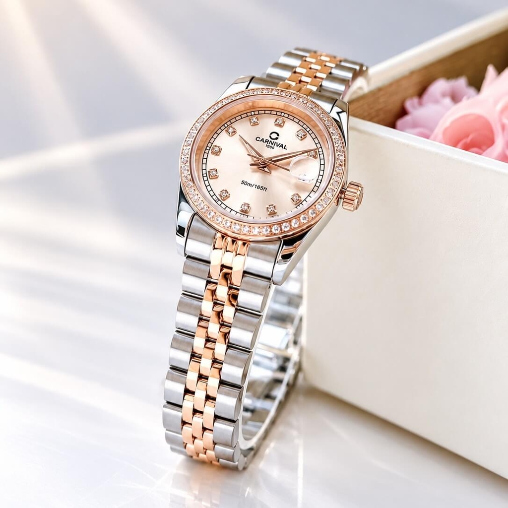 Đồng Hồ Nữ Carnival 8131L2-CH-NN Dây Demi Vàng Hồng Viền Đính Đá Size 31mm Quartz Japan