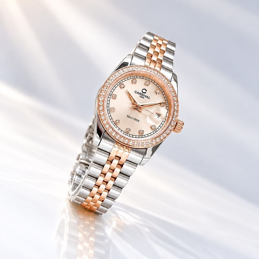 Đồng Hồ Nữ Carnival 8131L2-CH-NN Dây Demi Vàng Hồng Viền Đính Đá Size 31mm Quartz Japan